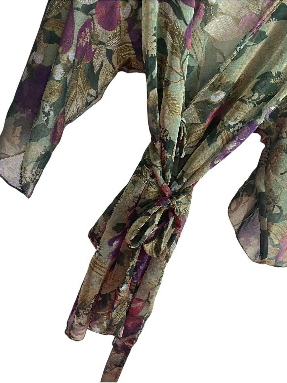 Vintage California Dynasty Hollywood Glam Green Floral Short Sheer Robe Size M